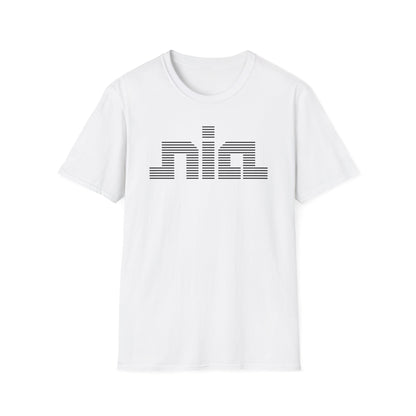 White t-shirt with black horizontal striped "nia" logo on chest.