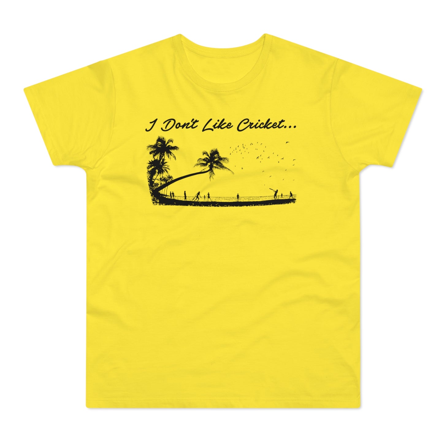 Yellow t-shirt with black graphic of palm trees and people playing cricket.