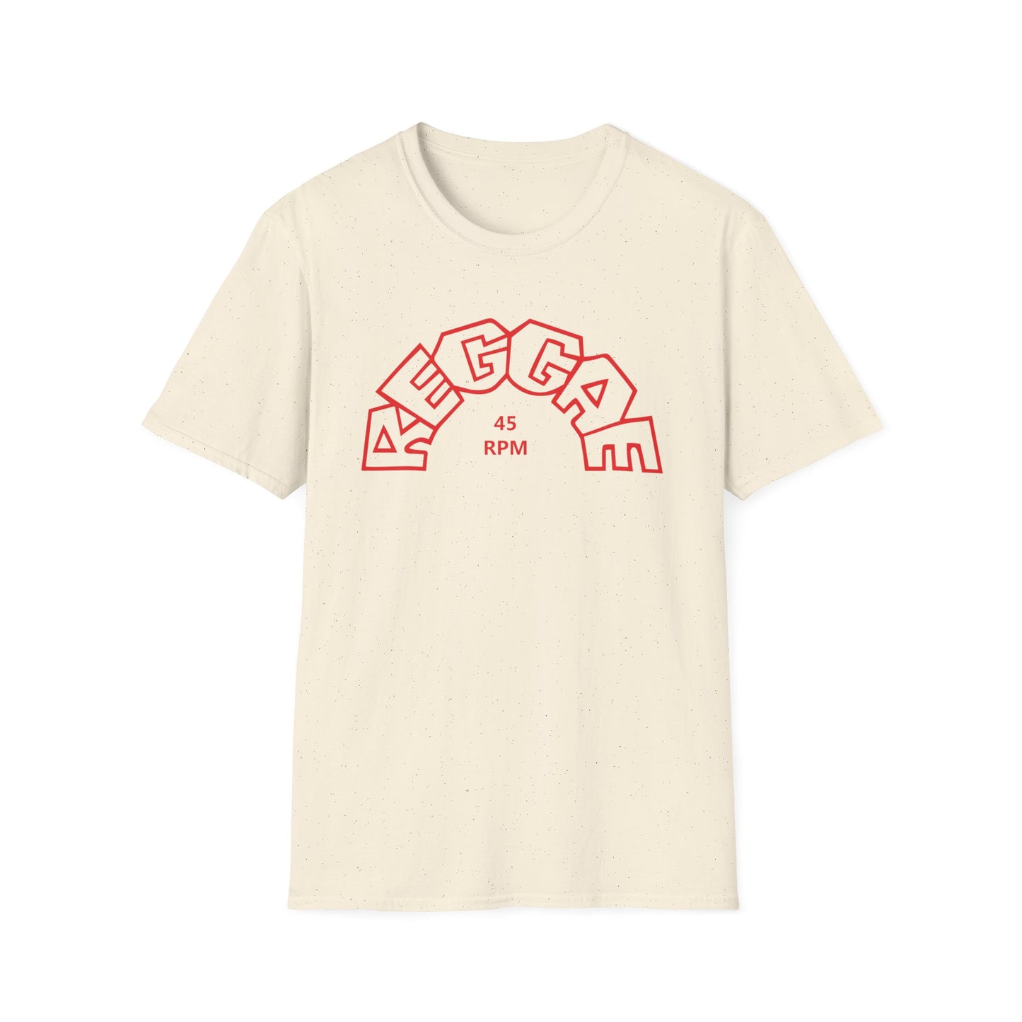 Cream t-shirt with red "REGGAE 45 RPM" text arching over the chest.