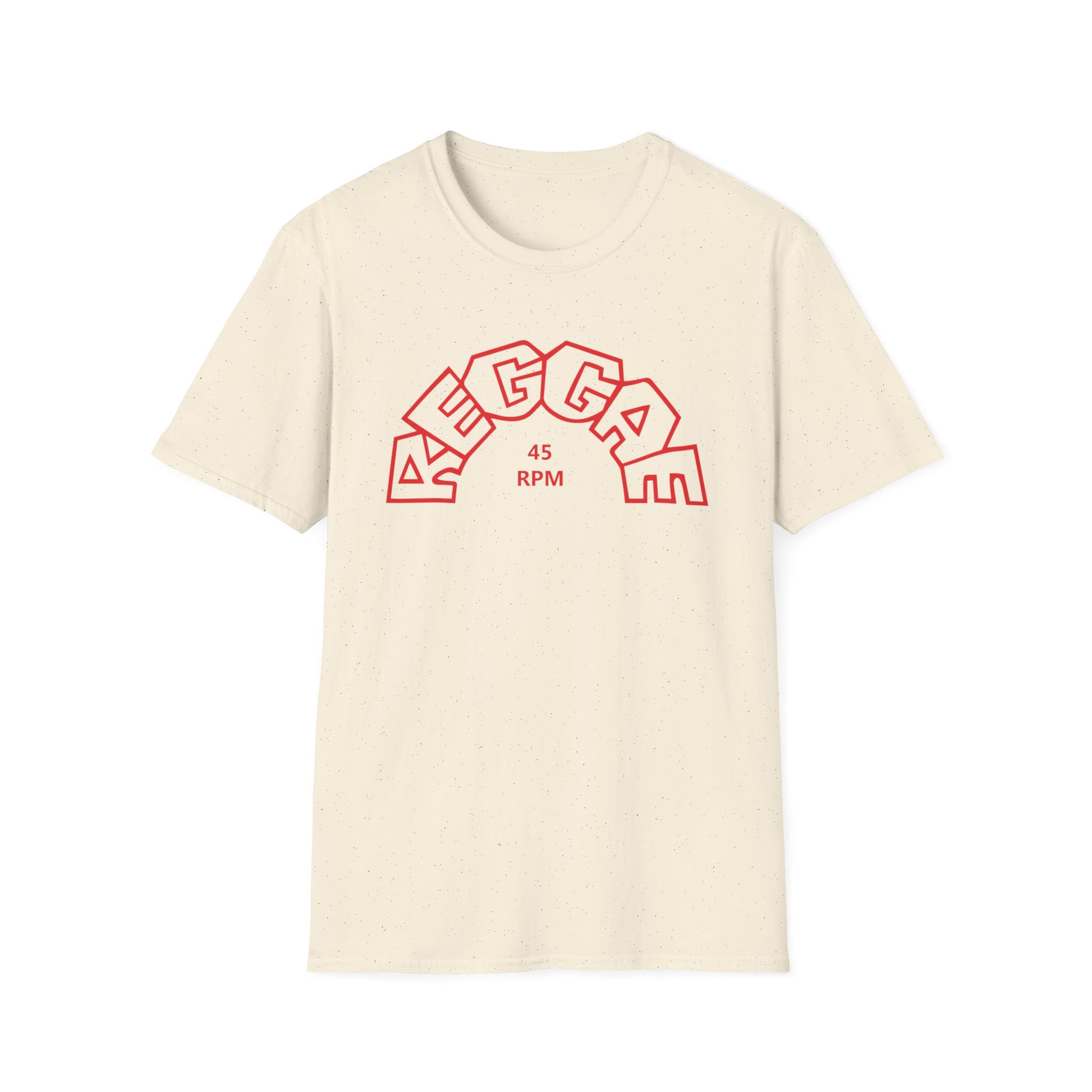 Cream t-shirt with red "REGGAE 45 RPM" text arching over the chest.