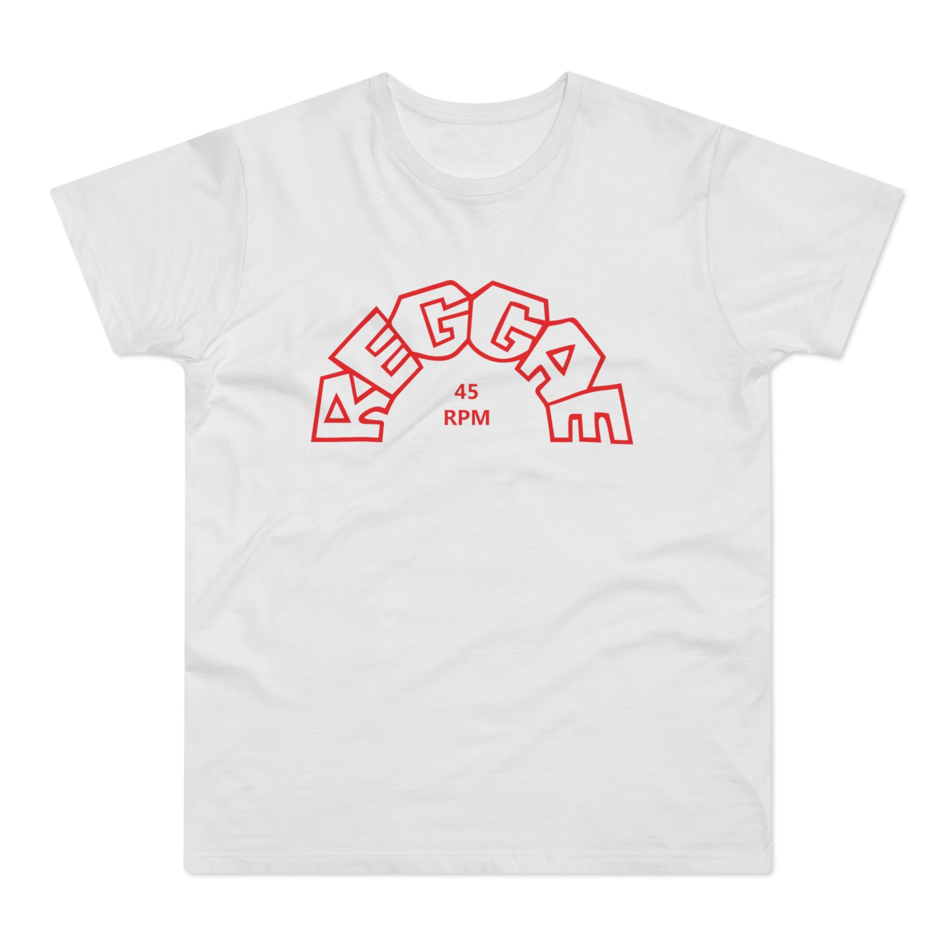 White t-shirt with red "REGGAE 45 RPM" graphic in an arched font.