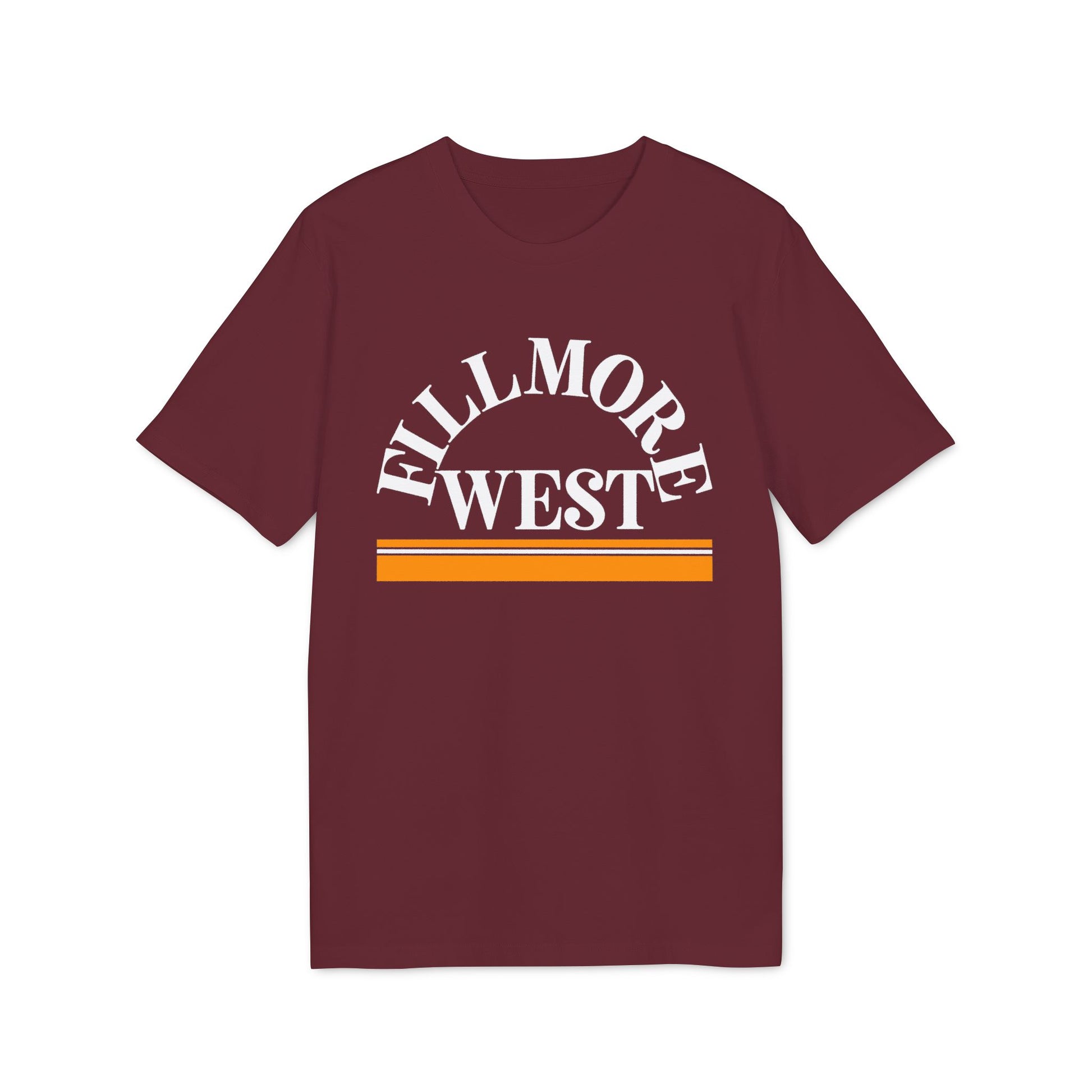 Maroon t-shirt with white "Fillmore West" text and orange and white stripes.