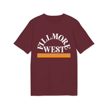 Maroon t-shirt with white "Fillmore West" text and orange and white stripes.