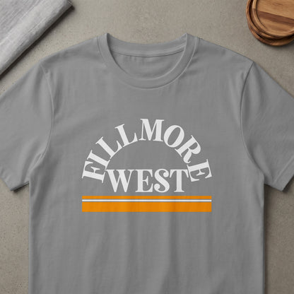Grey t-shirt with white "FILLMORE WEST" text and orange horizontal stripe detail.