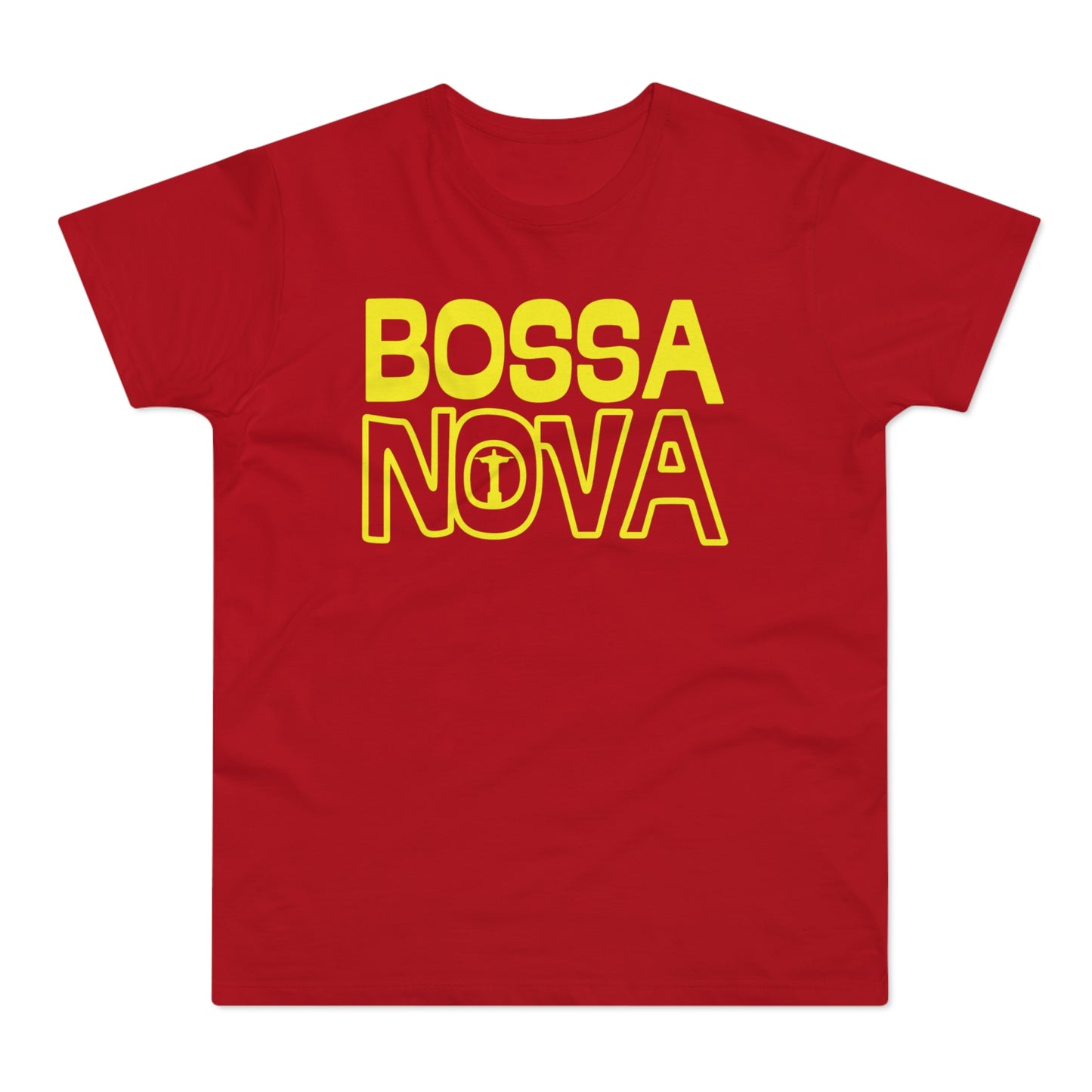 Red t-shirt with yellow text reading "BOSSA NOVA" and a Christ the Redeemer icon.