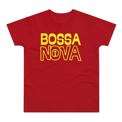 Red t-shirt with yellow text reading "BOSSA NOVA" and a Christ the Redeemer icon.