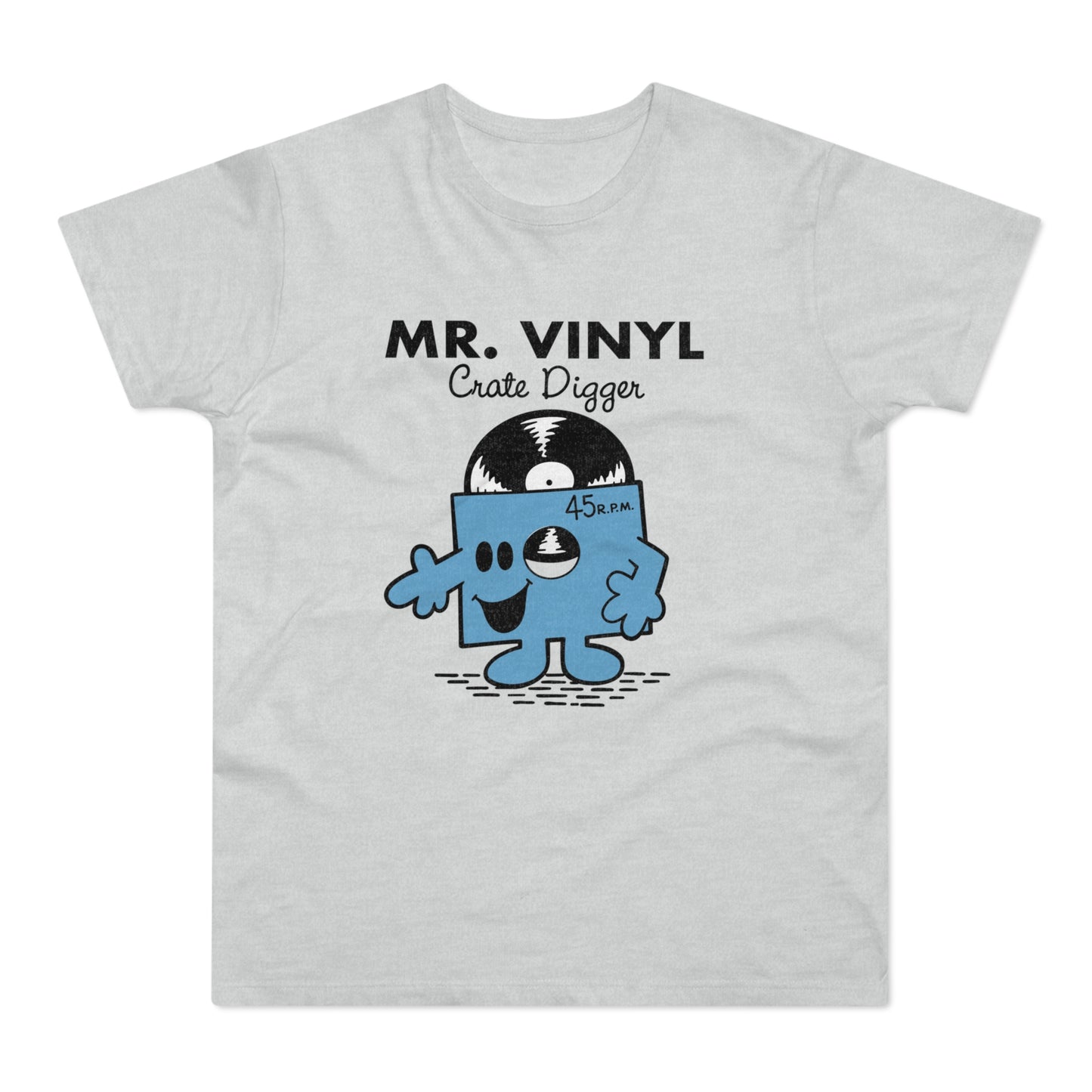 Light grey t-shirt with "MR. VINYL Crate Digger" and a cartoon record.