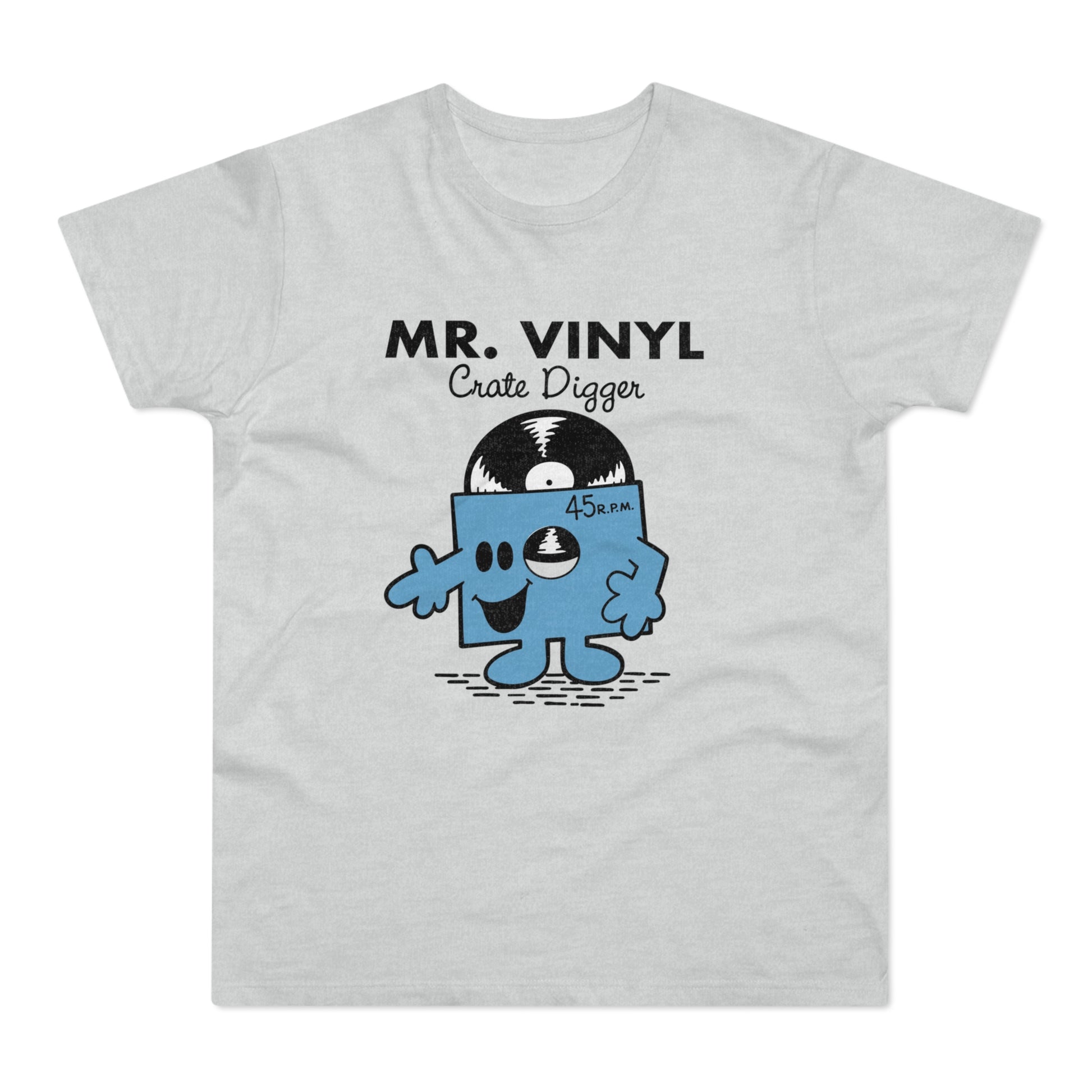 Light grey t-shirt with "MR. VINYL Crate Digger" and a cartoon record.
