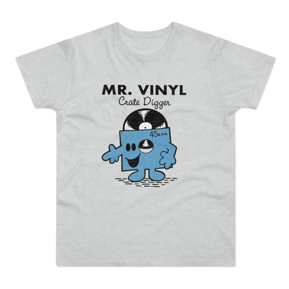 Light grey t-shirt with "MR. VINYL Crate Digger" and a cartoon record.