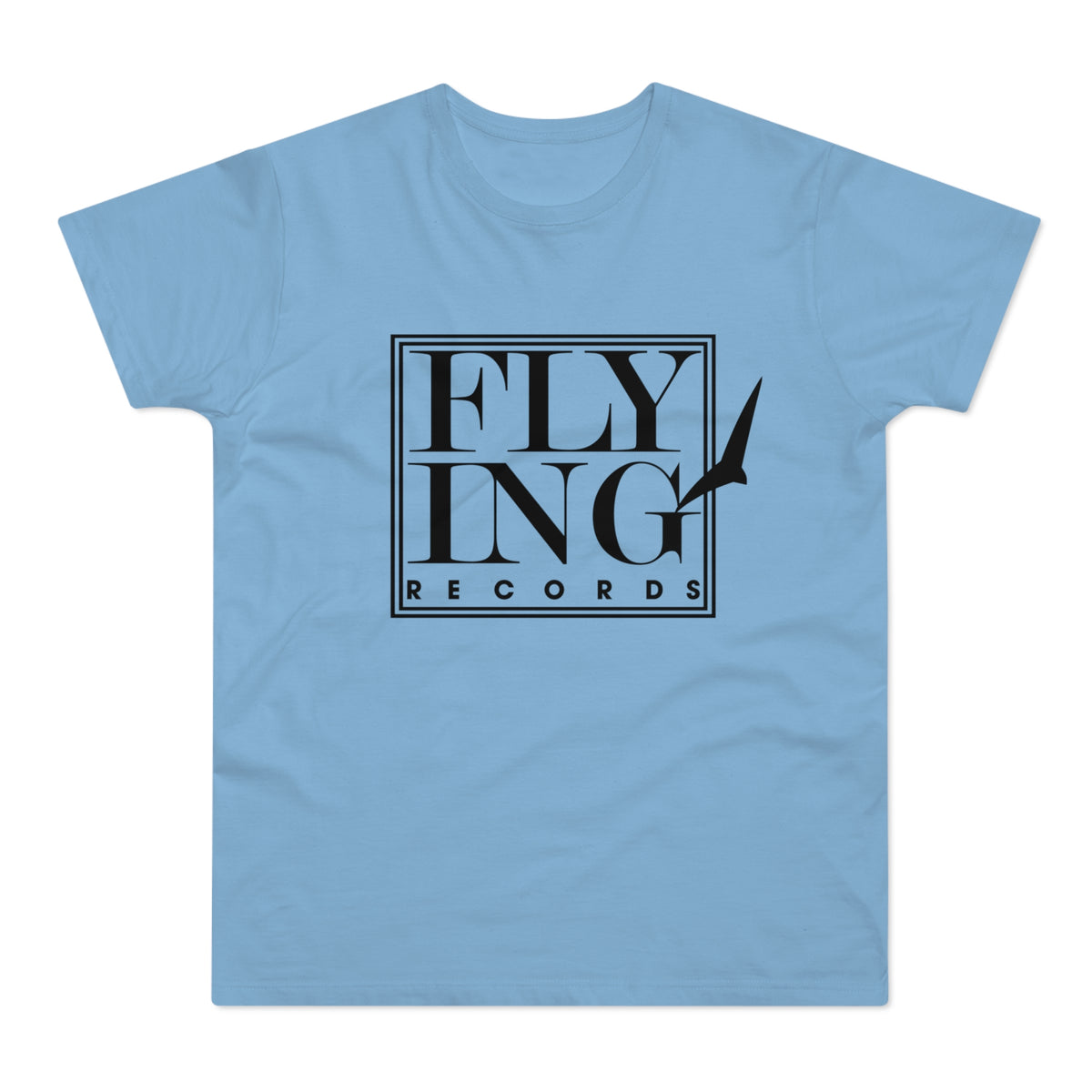 Light blue t-shirt with black "FLYING RECORDS" text and a bird silhouette.