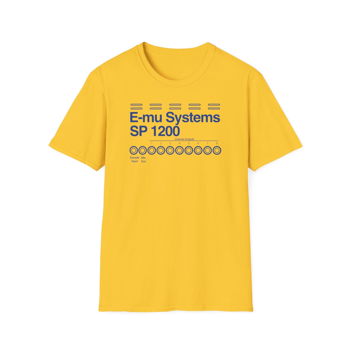 Yellow t-shirt with E-mu Systems SP 1200 graphic and channel outputs.