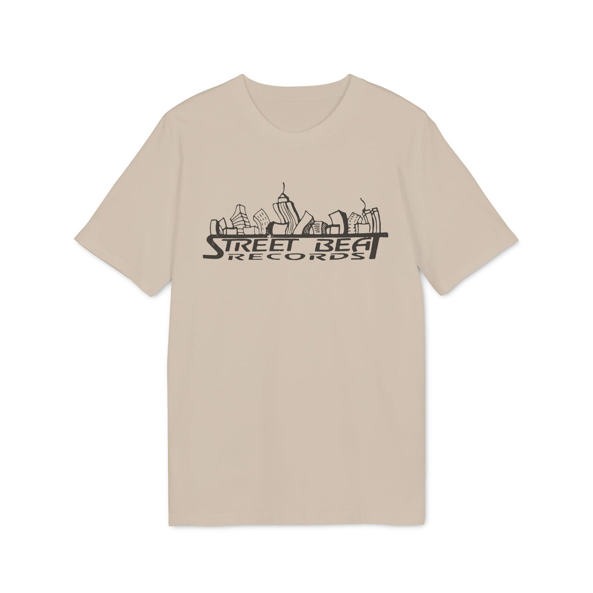 Tan t-shirt with black "Street Beat Records" logo and skyline graphic.