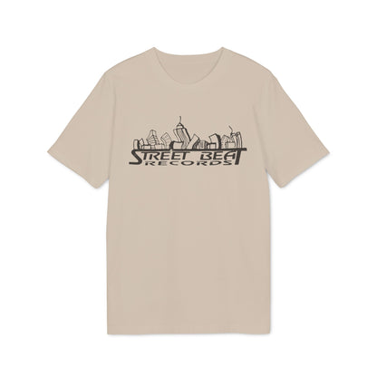 Tan t-shirt with black "Street Beat Records" logo and skyline graphic.