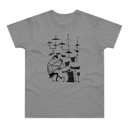 Black line art of a stylized drummer playing a drum kit on a grey t-shirt.