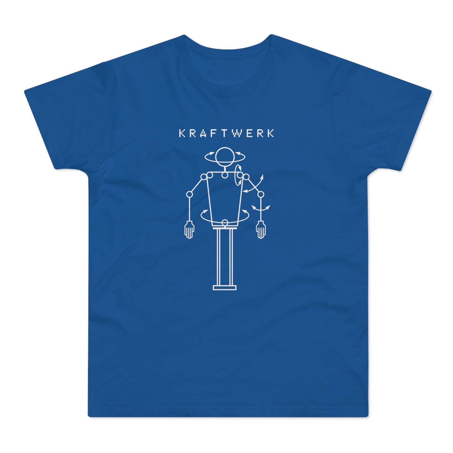 Blue t-shirt with white Kraftwerk text and robot graphic.