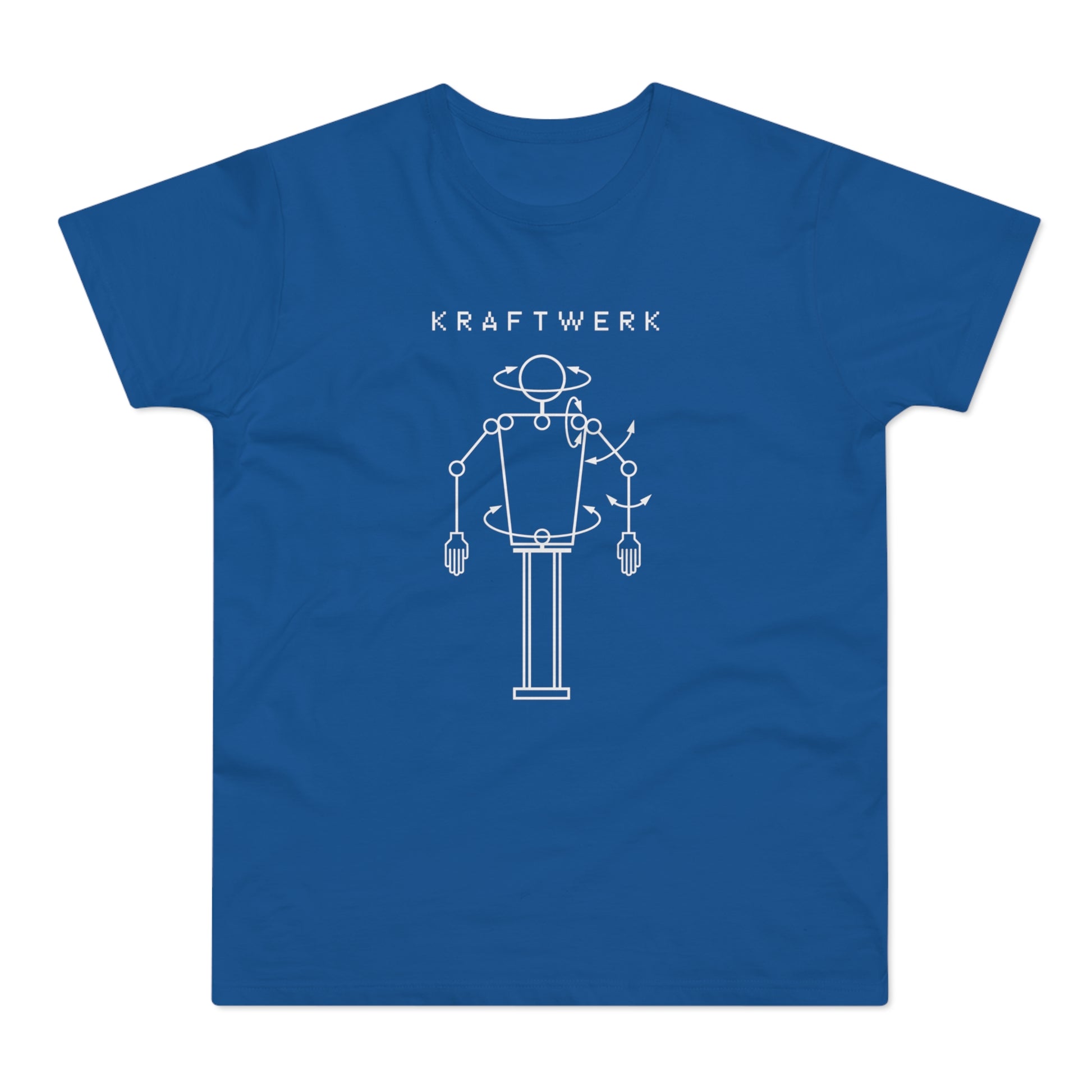 Blue t-shirt with white Kraftwerk text and robot graphic.