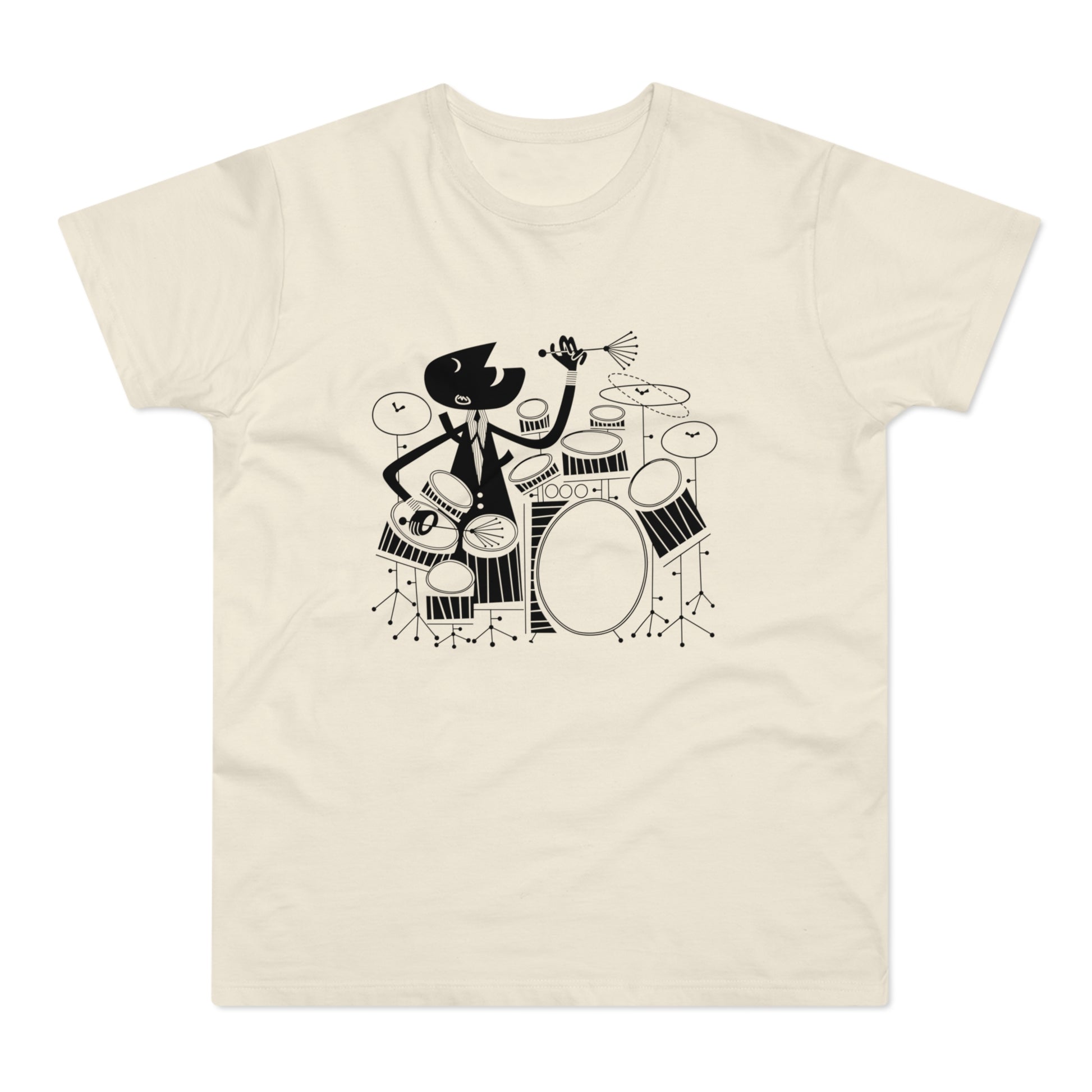 Black cartoon drummer with cymbal and drum set on cream t-shirt.