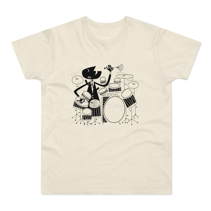 Black cartoon drummer with cymbal and drum set on cream t-shirt.