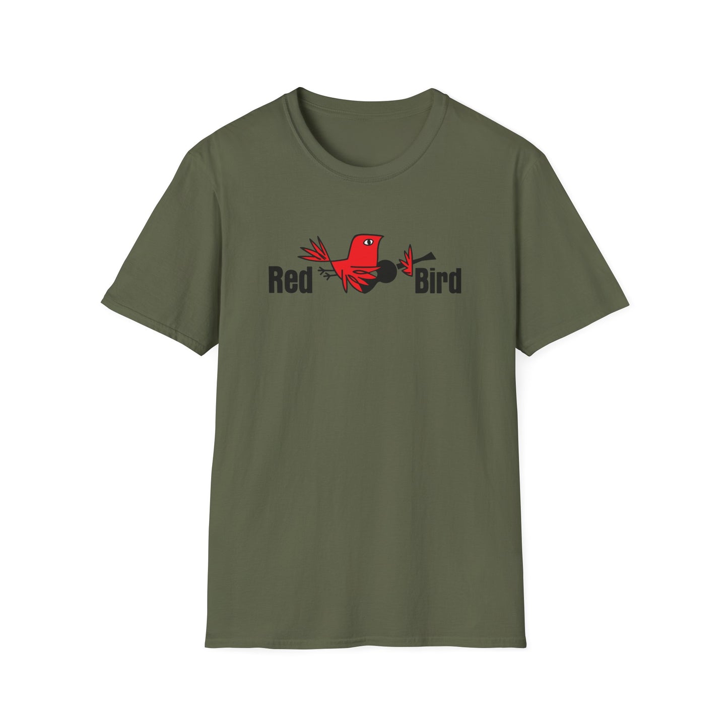 Green t-shirt with a red bird graphic and text "Red Bird".