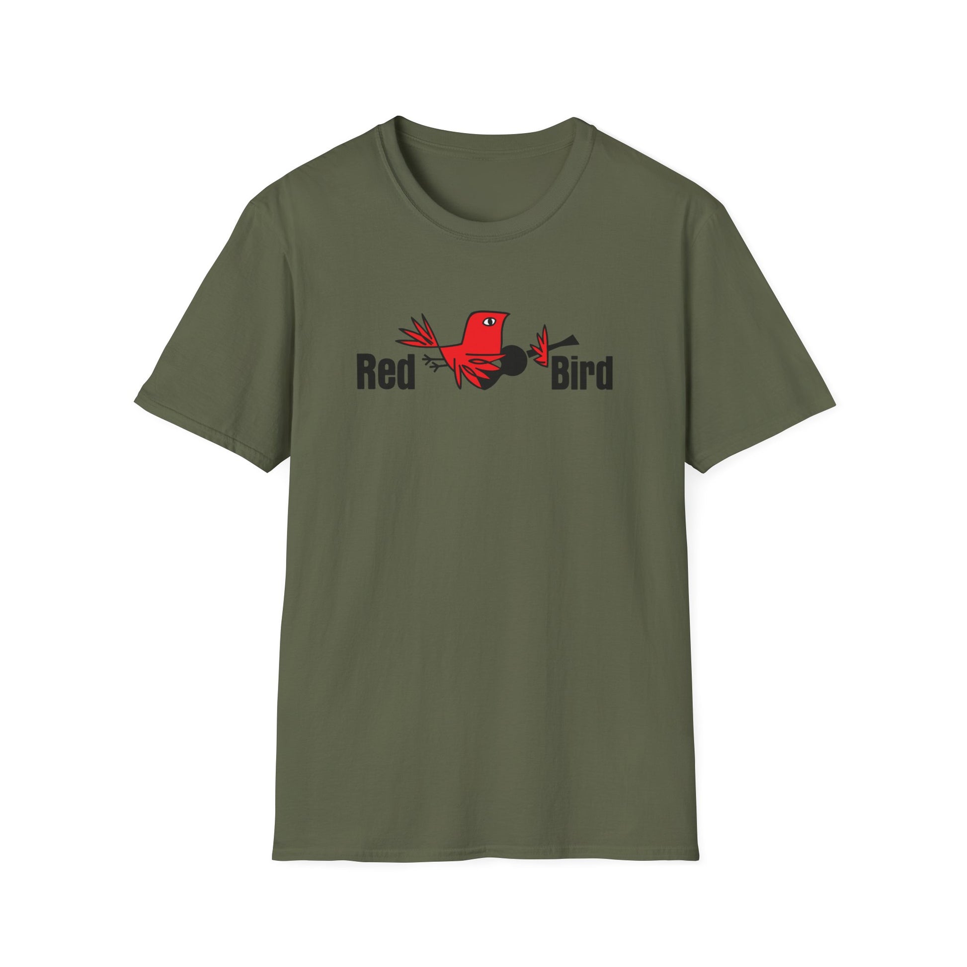 Green t-shirt with a red bird graphic and text "Red Bird".