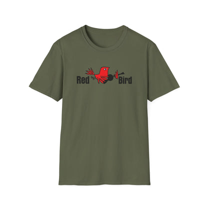 Green t-shirt with a red bird graphic and text "Red Bird".