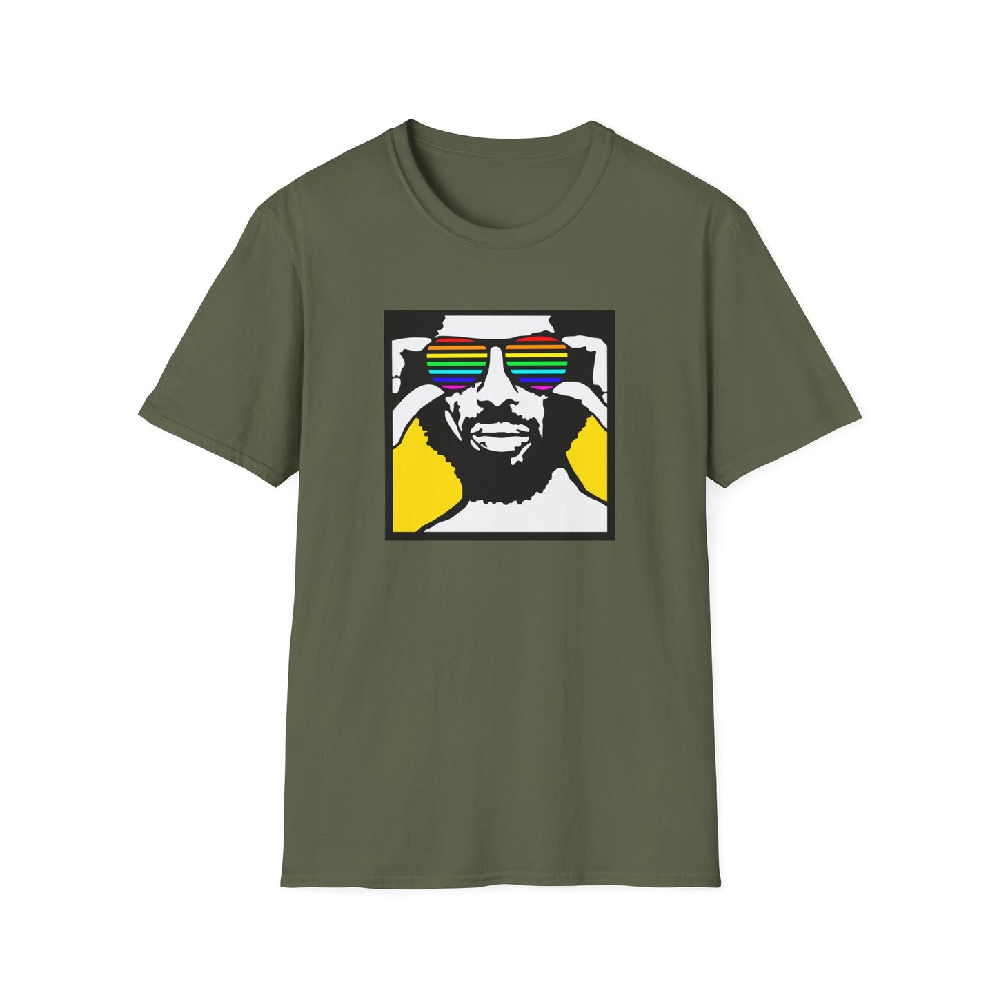 Green t-shirt with graphic of man wearing rainbow sunglasses