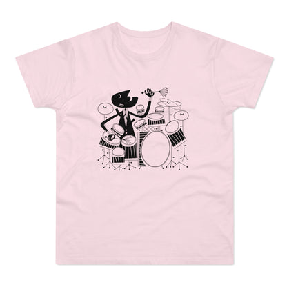 Black line art of a drummer playing a drum kit on a pink t-shirt.
