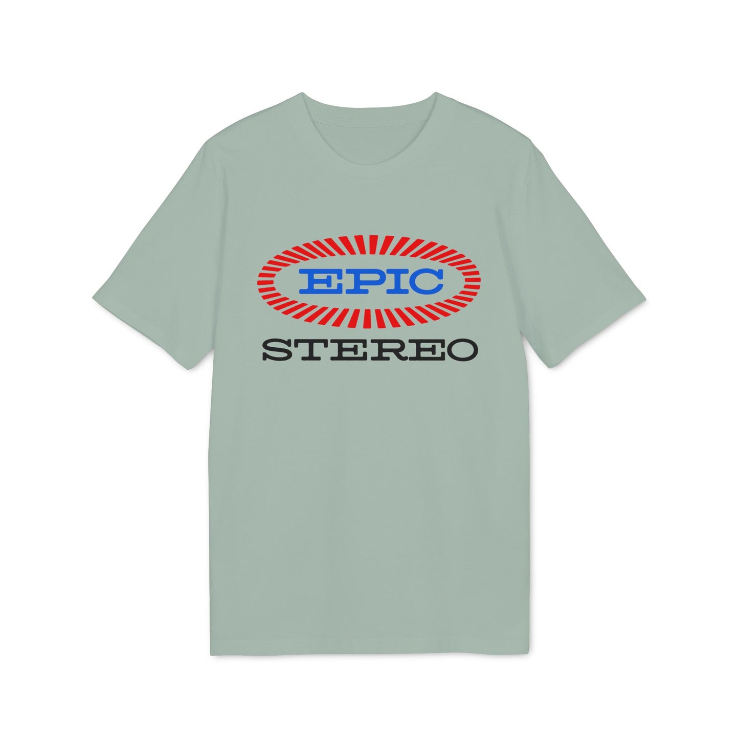 Light green t-shirt with "EPIC STEREO" boldly displayed in red and blue.