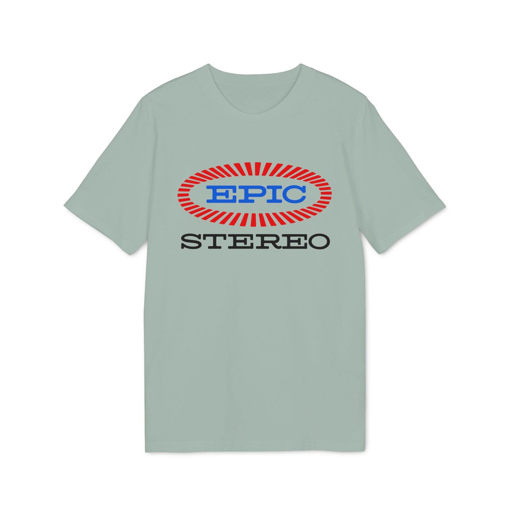 Light green t-shirt with "EPIC STEREO" boldly displayed in red and blue.