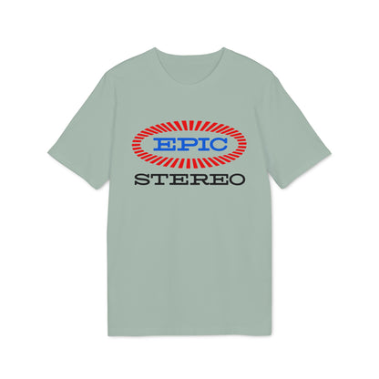 Light green t-shirt with "EPIC STEREO" boldly displayed in red and blue.