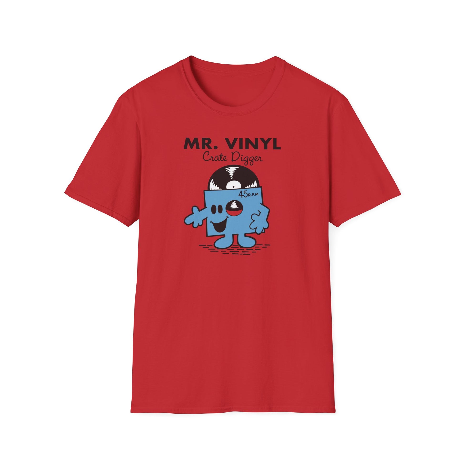Red t-shirt with Mr. Vinyl Crate Digger graphic and a 45 RPM record.