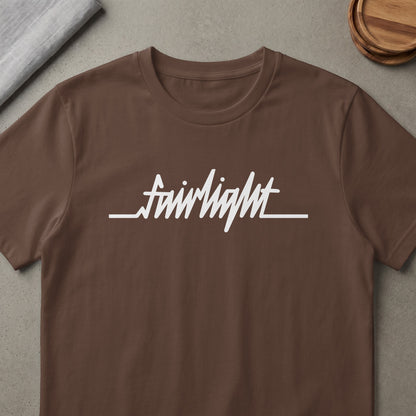 Brown t-shirt with white "fairlight" wave text across chest.