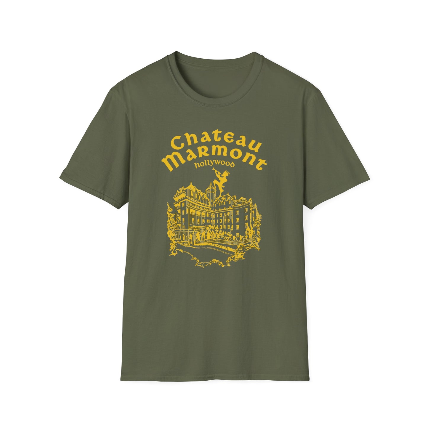 Olive t-shirt with yellow Chateau Marmont Hollywood illustration.