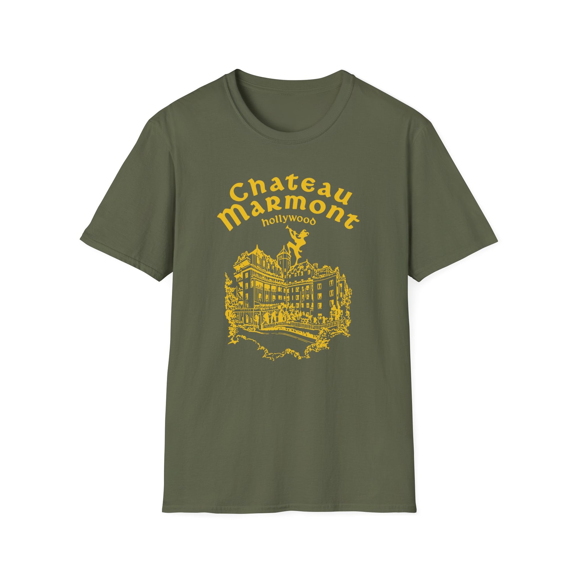 Olive t-shirt with yellow Chateau Marmont Hollywood illustration.