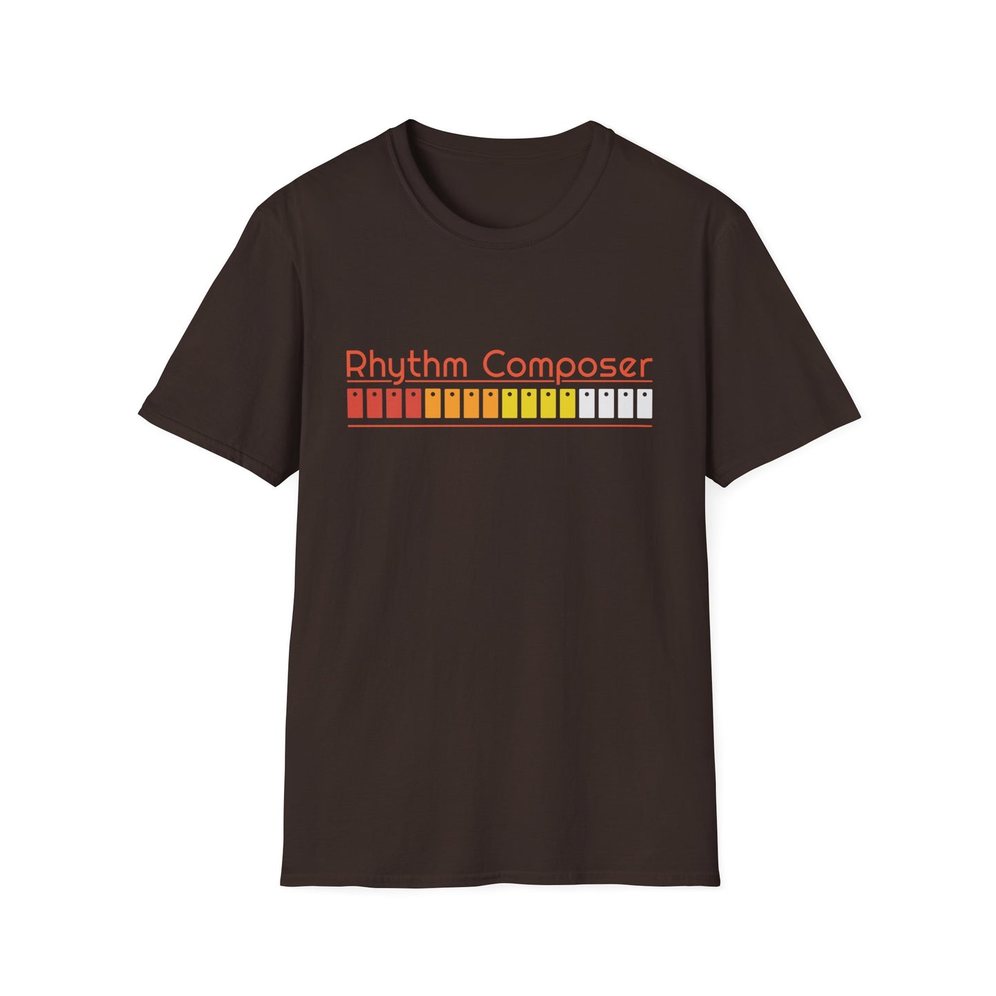 Brown t-shirt with orange "Rhythm Composer" text and colorful button graphic.