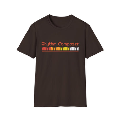 Brown t-shirt with orange "Rhythm Composer" text and colorful button graphic.