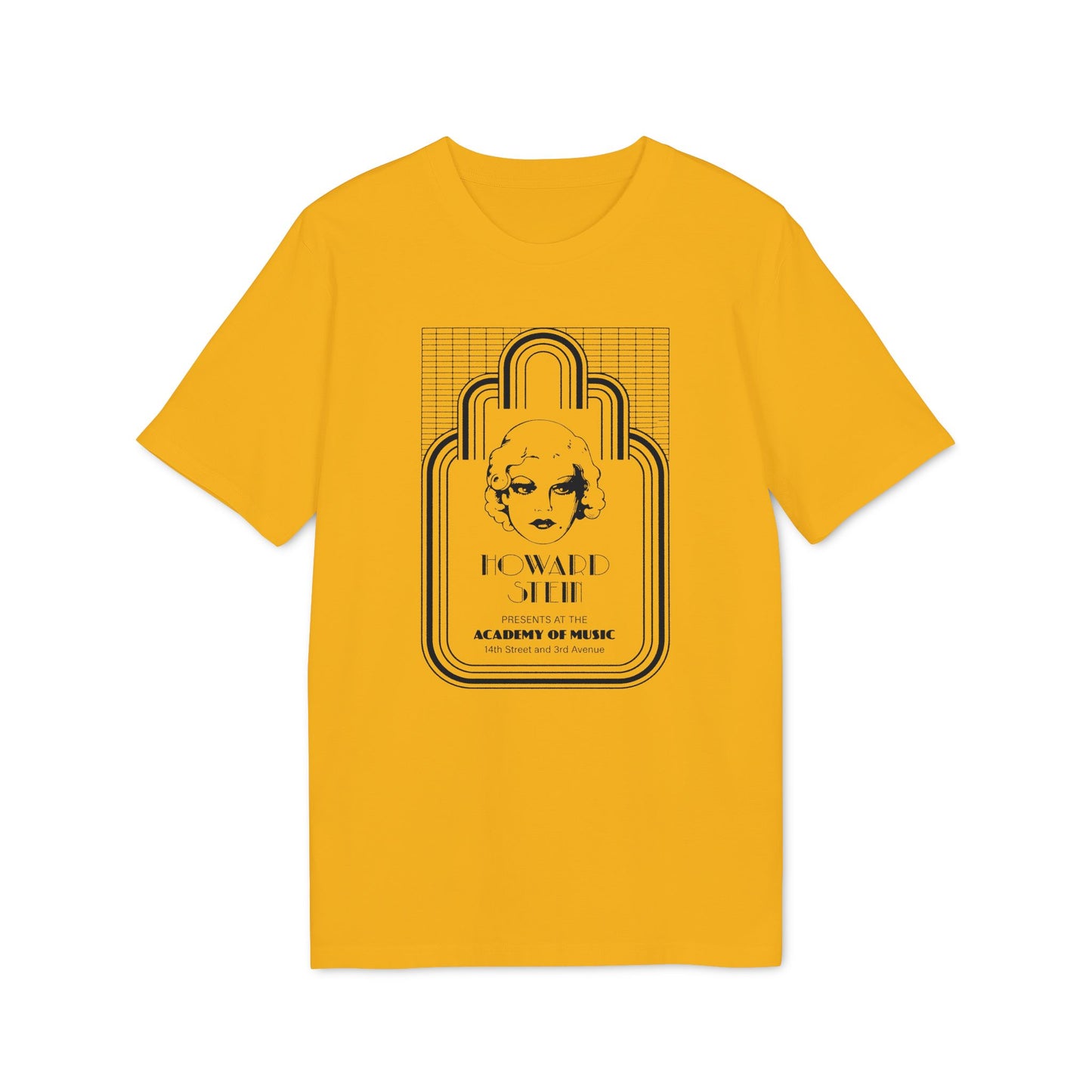 Yellow t-shirt with art deco style graphic featuring a woman's face and text.