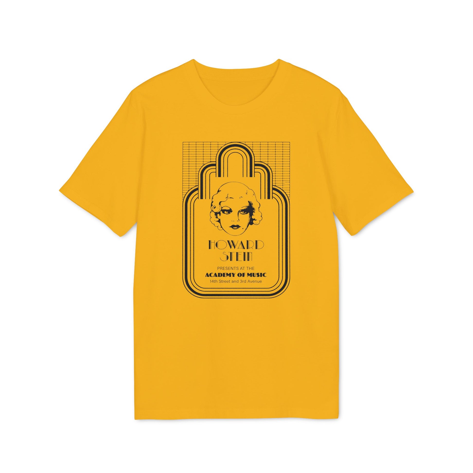 Yellow t-shirt with art deco style graphic featuring a woman's face and text.