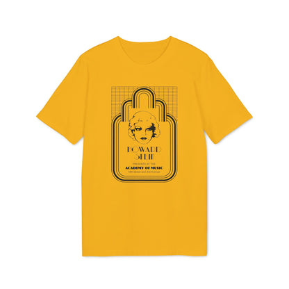 Yellow t-shirt with art deco style graphic featuring a woman's face and text.