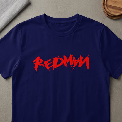 Navy t-shirt with "REDMAN" in distressed red lettering across the chest.