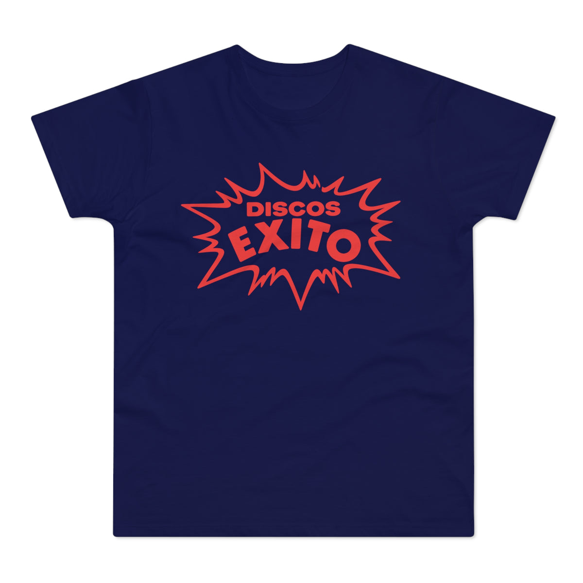 Navy t-shirt with red "Discos Exito" graphic in a starburst design.