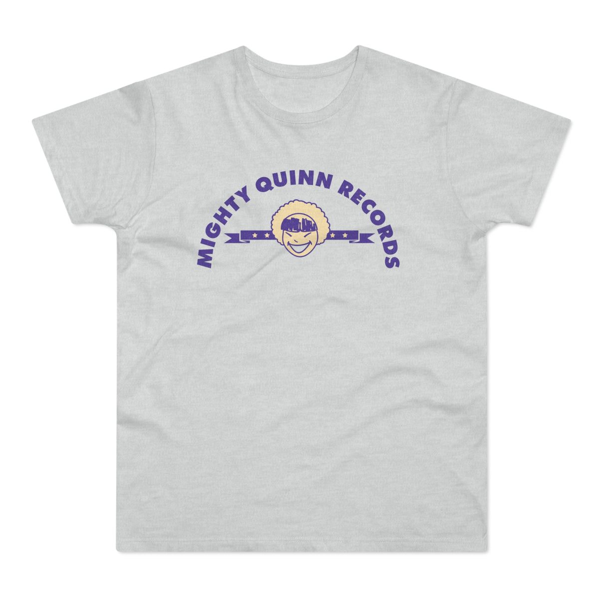Light grey t-shirt with purple "MIGHTY QUINN RECORDS" text and cartoon character.