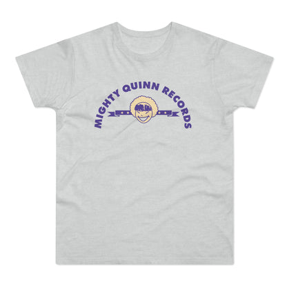 Light grey t-shirt with purple "MIGHTY QUINN RECORDS" text and cartoon character.