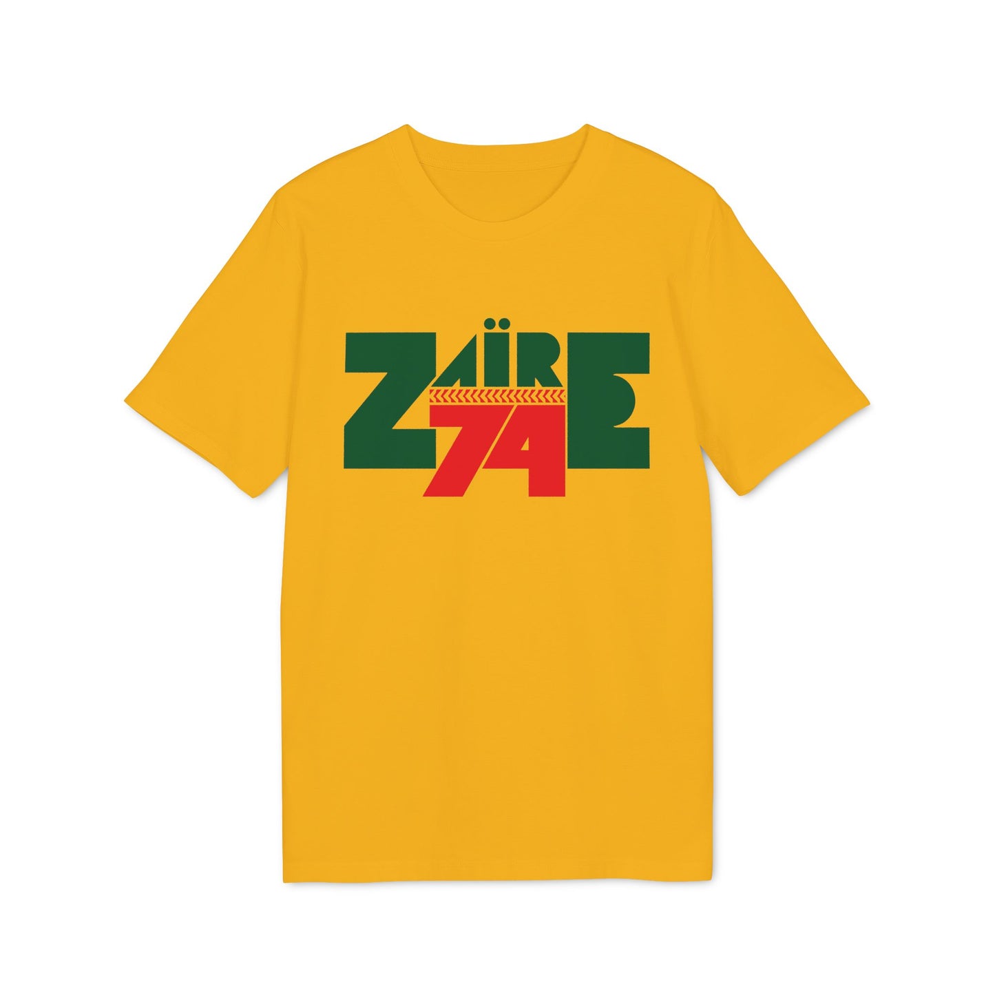 Yellow t-shirt with green and red "Zaire 74" graphic.