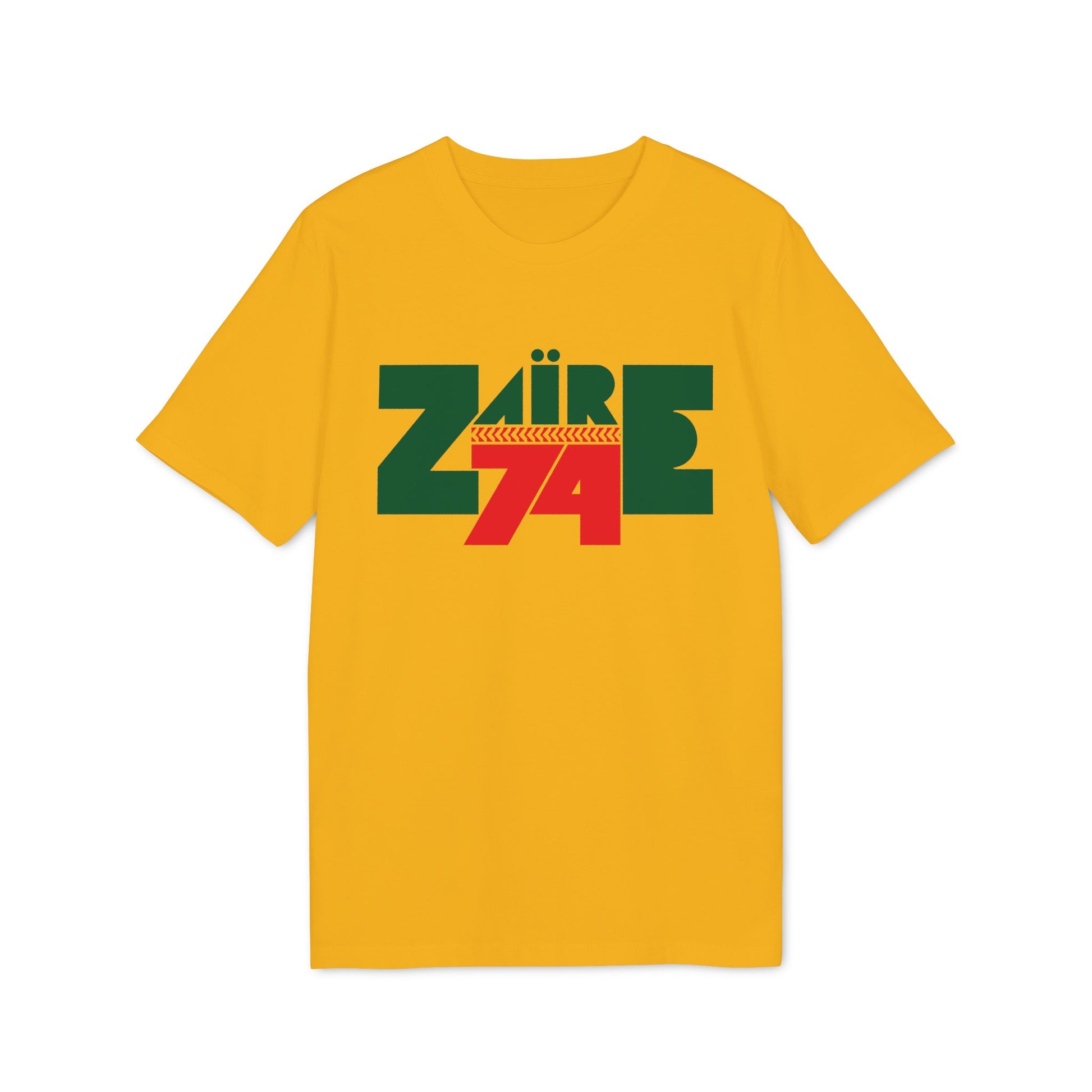 Yellow t-shirt with green and red "Zaire 74" graphic.