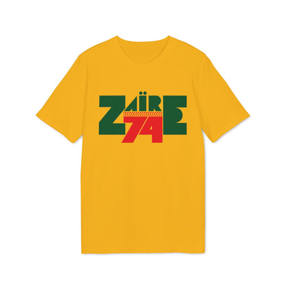 Yellow t-shirt with green and red "Zaire 74" graphic.