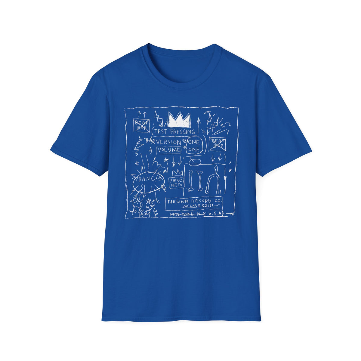 Blue t-shirt with white line drawing of text and graphics including a crown.