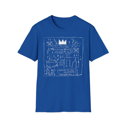 Blue t-shirt with white line drawing of text and graphics including a crown.
