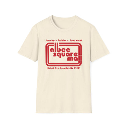 Cream t-shirt with red Albee Square Mall logo and address in Brooklyn.