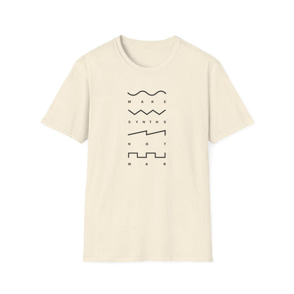 Cream t-shirt with black text and waveform graphics reading "MAKE SYNTHS NOT WAR".